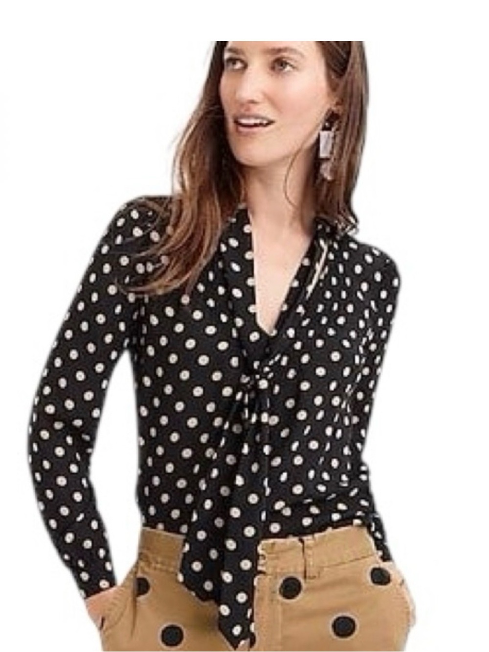 J.Crew 365 Polka Dot Tie Neck Pintuck Pleat Blouse |  Black Tan | Size 10